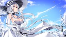 Rule 34 | 1girl, absurdres, armlet, azur lane, bare shoulders, blue eyes, blue gemstone, blue sky, blush, breasts, choker, cleavage, clothes lift, cloud, collarbone, day, dress, dress lift, elbow gloves, floating hair, gem, gloves, hair between eyes, hair ornament, hair ribbon, hand on headwear, hat, highres, ia (ias1010), illustrious (azur lane), jewelry, lace, lace-trim, lace-trimmed choker, lace-trimmed dress, lace-trimmed hat, lace trim, large breasts, long hair, looking at viewer, low twintails, mole, mole under eye, outdoors, pendant, ribbon, sidelocks, sky, smile, solo, splashing, standing, sun hat, tress ribbon, twintails, water, water drop, white dress, white gloves, white hair, white hat, wind, wind lift