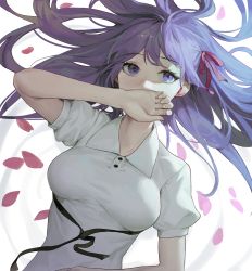 Rule 34 | 1girl, breasts, cotta (heleif), covering own mouth, dress, fate/stay night, fate (series), hair ribbon, hand over own mouth, heaven&#039;s feel, highres, long hair, lying, matou sakura, medium breasts, official alternate costume, on back, purple eyes, purple hair, red ribbon, ribbon, short sleeves, solo, upper body, white dress