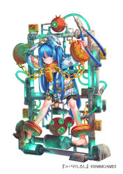 Rule 34 | 1girl, barefoot, blue eyes, blue hair, bow, brown footwear, chain, chained, chain, dmm, full body, hair bow, lock, long hair, long sleeves, looking at viewer, mataichi mataro, official art, pants, pliers, restrained, shirt, shoes, unworn shoes, skirt, solo, sweatdrop, torn clothes, torn pants, torn shirt, white background, white bow, white skirt, yuba no shirushi