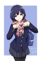 Rule 34 | 1girl, bag, black hair, black pantyhose, blazer, blue eyes, blue jacket, blue skirt, closed mouth, dated, head tilt, heart, heart hands, highres, jacket, long sleeves, looking at viewer, nii manabu, original, own hands together, pantyhose, plaid, plaid scarf, pleated skirt, scarf, school bag, school uniform, short hair, signature, simple background, skirt, smile, solo, standing, two-tone background