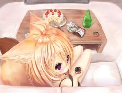 Rule 34 | 1girl, absurdres, ahoge, animal ears, bad id, bad twitter id, bag of chips, blonde hair, cake, couch, fang, food, fox ears, fox girl, fox tail, from above, highres, strawberry shortcake, table, tail, toripuru