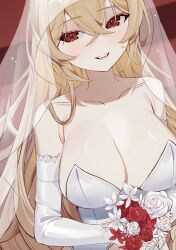 Rule 34 | absurdres, bad id, bad twitter id, bare shoulders, blonde hair, bouquet, breasts, bridal veil, character request, cleavage, collarbone, copyright request, cropped, dress, elbow gloves, flower, gloves, hair between eyes, highres, holding, holding bouquet, large breasts, light blush, long hair, messy hair, open mouth, red eyes, red flower, seizou hidzuke, teeth, upper teeth only, veil, very long hair, wedding dress, white dress, white flower, white gloves