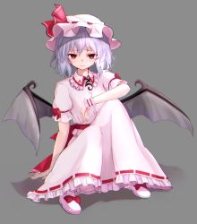 Rule 34 | 1girl, absurdres, arm on knee, bat wings, blush, bow, collar, dress, grey background, hat, highres, kamome donburi, looking at viewer, pink dress, pink footwear, pink hat, purple hair, red bow, red eyes, remilia scarlet, sash, shadow, shoes, short hair, sitting, touhou, wings
