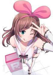 Rule 34 | 1girl, aqua eyes, bad perspective, bare shoulders, bow, breasts, brown hair, cleavage, from above, gloves, hair bow, hairband, highres, kizuna ai, kizuna ai inc., leaning forward, licking lips, long hair, looking at viewer, medium breasts, miyamoto issa, multicolored hair, one eye closed, pink bow, pink hair, sailor collar, sideboob, skirt, smile, solo, standing, streaked hair, thighhighs, tongue, tongue out, v, virtual youtuber, white gloves, white skirt, white thighhighs