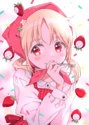 1girl apron blonde_hair blush_stickers bonnet collared_shirt commentary facing_viewer food fork fruit holding holding_fork long_hair long_sleeves looking_to_the_side low_twintails original pink_bonnet red_apron red_eyes shirt sideways_glance smile solo strawberry symbol-only_commentary twintails unya_(unya-unya) upper_body white_background white_shirt