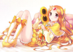Rule 34 | 10s, 1girl, boots, bow, brooch, bubble skirt, choker, circlet, cure muse, cure muse (yellow), dress, flower, frills, full body, heart, jewelry, knee boots, kuguri oimo, long hair, magical girl, orange hair, pillow, pink eyes, precure, shirabe ako, skirt, smile, solo, suite precure, sunflower, yellow bow, yellow dress, yellow skirt