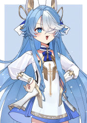 Rule 34 | 1girl, absurdres, akutaa, animal ears, azur lane, blue background, blue eyes, blue hair, dress, hair over one eye, highres, long hair, looking at viewer, maille-breze (azur lane), multicolored hair, short dress, simple background, solo, standing, two-tone hair, very long hair, white dress, white hair