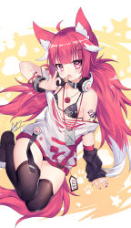 Rule 34 | 1girl, ahoge, animal ear fluff, animal ears, ao jun, bare shoulders, bikini, black bikini, black nails, black thighhighs, blush, breasts, candy, commentary, english commentary, food, hair ornament, hairclip, headphones, headphones around neck, highres, holding, holding candy, holding food, holding lollipop, lollipop, long hair, looking at viewer, multicolored hair, nail polish, no shoes, off shoulder, open mouth, original, red eyes, red hair, shirt, small breasts, solo, star (symbol), streaked hair, studded bracelet, swimsuit, symbol-shaped pupils, tail, teeth, thighhighs, upper teeth only, very long hair, white hair, white shirt, x hair ornament