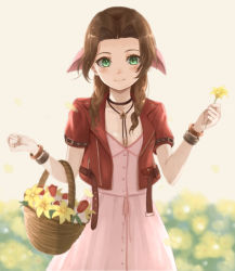 Rule 34 | 1girl, aerith gainsborough, basket, black choker, black neckwear, blurry, blurry background, bolo tie, bracelet, braid, breasts, brown hair, choker, commentary, cropped jacket, dress, field, final fantasy, final fantasy vii, final fantasy vii remake, flower, flower field, green eyes, hair over shoulder, hair ribbon, holding, holding basket, holding flower, jacket, jewelry, lily (flower), long dress, long hair, looking at viewer, open clothes, open jacket, petals, pink dress, pink ribbon, purea, red flower, red jacket, red tulip, ribbon, short sleeves, small breasts, smile, solo, square enix, tulip, w arms, white background, white flower, yellow flower
