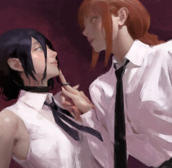 Rule 34 | 2girls, black choker, black hair, black necktie, blue eyes, braid, chainsaw man, choker, dress shirt, eye contact, from side, grabbing another&#039;s hand, hand on another&#039;s chin, highres, index finger raised, lips, long hair, looking at another, makima (chainsaw man), medium hair, multiple girls, necktie, open mouth, red eyes, red hair, reze (chainsaw man), sangsoo jeong, shirt, sidelocks, simple background, single braid, sleeveless, sleeveless shirt, upper body, white shirt, yuri