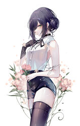 Rule 34 | 1girl, bare arms, bare shoulders, black gloves, black hair, black ribbon, black shorts, black thighhighs, blush, chainsaw man, commentary request, cowboy shot, flower, gloves, green eyes, hair bun, highres, holding, holding flower, looking at viewer, neck ribbon, pink flower, reze (chainsaw man), ribbon, sheya, shirt, short hair, short shorts, shorts, simple background, single glove, sleeveless, sleeveless shirt, smile, solo, standing, thighhighs, thighs, white background, white shirt, zettai ryouiki