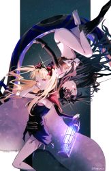 Rule 34 | 2girls, absurdres, anklet, asymmetrical legwear, barefoot, birdcage, black dress, black gloves, black hair, black ribbon, black sleeves, black thighhighs, blonde hair, cage, cape, commentary request, detached sleeves, dress, ereshkigal (fate), fate/grand order, fate (series), fingerless gloves, floating hair, fomnant, gloves, hair ribbon, heavenly boat maanna, highres, holding, holding cage, hood, hood down, hooded cape, ishtar (fate), jewelry, long hair, looking at viewer, multiple girls, navel, parted bangs, red cape, red eyes, red ribbon, revealing clothes, ribbon, siblings, single sleeve, single thighhigh, sisters, stomach, strapless, strapless dress, thighhighs, tiara, toes, twitter username, two side up, upside-down, weapon