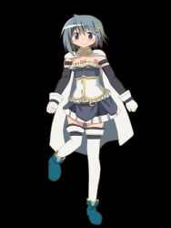 Rule 34 | 1girl, animated, animated gif, armband, blue eyes, bouncing breasts, breasts, cape, cleavage, dancing, elbow gloves, fortissimo, full body, full moon wo sagashite, gloves, hair ornament, hairclip, hangaku, highres, magical girl, mahou shoujo madoka magica, mahou shoujo madoka magica (anime), mahou shoujo madoka magica movie 1 &amp; 2, miki sayaka, musical note, musical note hair ornament, parody, short hair, small breasts, smile, solo, standing, thighhighs, transparent background, white gloves