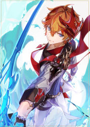 Rule 34 | 1boy, absurdres, black gloves, blue eyes, closed mouth, commentary request, earrings, genshin impact, gloves, hair between eyes, highres, holding, holding weapon, jacket, jewelry, liquid weapon, looking at viewer, male focus, mask, mask on head, milil, orange hair, pants, red mask, red scarf, scarf, signature, simple background, single earring, solo, tartaglia (genshin impact), water, weapon