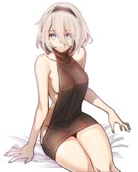 Rule 34 | 1girl, backless outfit, bare back, bare shoulders, blue eyes, blush, breasts, dress, eyes visible through hair, hair between eyes, hairband, looking at viewer, medium breasts, meme attire, mole, mole under mouth, naked sweater, nier (series), nier:automata, ninto, no blindfold, parted lips, sideboob, silver hair, sitting, solo, sweater, sweater dress, thighs, turtleneck, turtleneck sweater, virgin killer sweater, white background, 2b (nier:automata)