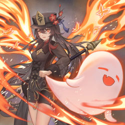 Rule 34 | 1girl, :d, arepko, black hair, black headwear, black shorts, bug, butterfly, chinese clothes, commentary request, fire, genshin impact, ghost, hair between eyes, hat, hat feather, hat ornament, highres, holding, holding polearm, holding weapon, hu tao (genshin impact), insect, long hair, long sleeves, looking at viewer, open mouth, orange eyes, parted lips, polearm, short shorts, shorts, sidelocks, smile, staff of homa (genshin impact), symbol-shaped pupils, thighs, twintails, weapon