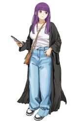 Rule 34 | 1girl, baggy pants, black coat, blunt bangs, breasts, cellphone, closed mouth, coat, denim, fern (sousou no frieren), highres, jeans, large breasts, long hair, long sleeves, pants, phone, purple eyes, purple hair, shiren (ourboy83), shoes, sidelocks, simple background, smartphone, sneakers, solo, sousou no frieren, straight hair, white background