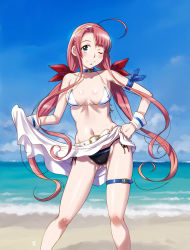 Rule 34 | 1girl, ;), ahoge, alternate costume, arm ribbon, beach, belt, bikini, blue eyes, blue ribbon, blush, breasts, breasts apart, choker, cleavage, closed mouth, cloud, collarbone, commentary request, contrapposto, day, covered erect nipples, gluteal fold, groin, hair ribbon, hairband, hand on own hip, kantai collection, kawakaze (kancolle), long hair, looking at viewer, low twintails, medium breasts, mismatched bikini, navel, one eye closed, outdoors, pink hair, red ribbon, revision, ribbon, sameha ikuya, sarong, side-tie bikini bottom, sidelocks, sky, smile, solo, standing, swimsuit, thigh strap, twintails, very long hair, water, wrist cuffs