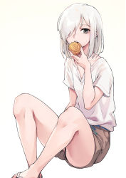 Rule 34 | 1girl, bare legs, belt, brown shorts, eating, food, grey eyes, hair over one eye, highres, holding, holding food, mooncake, no socks, one eye covered, oopartz yang, open mouth, original, sandals, shirt, short hair, short sleeves, shorts, simple background, sitting, solo, white background, white hair, white shirt