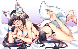 Rule 34 | 1girl, animal ears, bare shoulders, bed sheet, bikini, black bikini, black hair, blush, breasts, cleavage, closed mouth, collarbone, fate/grand order, fate (series), fox ears, fox girl, fox tail, hairband, highres, jewelry, large breasts, legs, long hair, looking at viewer, lying, magatama, magatama necklace, necklace, on bed, on stomach, osakabehime (fate), osakabehime (foxy lady) (fate), red-framed eyewear, red eyes, shirokuma a, side-tie bikini bottom, smile, swimsuit, tail, twintails, very long hair, white hairband
