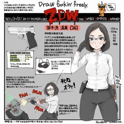 Rule 34 | 1girl, character age, arm up, arrow (symbol), belt, black gloves, border, bra, breasts, brown eyes, brown hair, censored, clenched teeth, collared shirt, cropped legs, eyebrows, firing, glasses, gloves, gun, handgun, health bar, height, highres, holding, holding gun, holding weapon, identity censor, ina (gokihoihoi), long sleeves, looking at viewer, measurements, medium breasts, original, outside border, panties, pants, pistol, salute, shell casing, shirt, short hair, speech bubble, tagme, teeth, text focus, translation request, underwear, weapon, weight, white border, white shirt, zombie