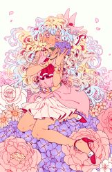 Rule 34 | + +, 1girl, artist name, ascot, blonde hair, blue hair, bracelet, commentary, cross-shaped pupils, curly hair, dress, english commentary, floating hair, flower, full body, hair flower, hair ornament, high heels, holding, holding flower, jewelry, long hair, looking at viewer, multicolored hair, nia teppelin, pastel colors, petals, pink dress, pink eyes, pink flower, purple flower, red ascot, red footwear, rii abrego, sitting, sleeveless, sleeveless dress, smile, solo, symbol-shaped pupils, tengen toppa gurren lagann, two-tone hair