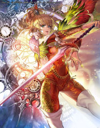 Rule 34 | 1girl, blonde hair, blue eyes, bodysuit, boots, cape, clock, emperors saga, feathers, fingernails, flower, green eyes, hair ornament, heterochromia, highres, holding, holding sword, holding weapon, jewelry, liduke, long hair, looking at viewer, ponytail, red bodysuit, rose, short hair, solo, standing, sword, thigh boots, thighhighs, weapon, white flower, white footwear, white rose