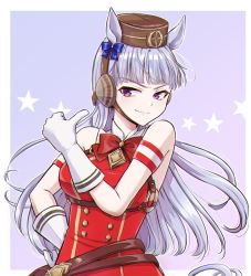 Rule 34 | 1girl, animal ears, bare shoulders, blunt bangs, border, bow, bowtie, closed mouth, gloves, gold ship (umamusume), hair bow, hand on own hip, highres, horse ears, horse girl, long hair, looking at viewer, non porn, pikeo, pillbox hat, purple background, purple eyes, purple hair, red bow, red bowtie, red shirt, shirt, sleeveless, sleeveless shirt, smile, solo, star (symbol), starry background, thumbs up, umamusume, white border, white gloves