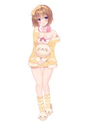 Rule 34 | 1girl, :p, absurdres, animal slippers, asagi shiki (artist), blush, bow, breasts, brown hair, camisole, cleavage, collarbone, drawstring, flower, full body, hair between eyes, hair bow, hair flower, hair ornament, hairband, hairclip, headphones, headphones around neck, highres, hinata yuka, holding, holding stuffed toy, indie virtual youtuber, jacket, looking at viewer, medium breasts, off shoulder, orange bow, orange hairband, pajamas, pink headphones, pink ribbon, polka dot camisole, purple eyes, ribbon, short hair, short shorts, shorts, simple background, slippers, socks, solo, standing, striped clothes, striped socks, stuffed animal, stuffed toy, tongue, tongue out, virtual youtuber, white background, white camisole, white socks, yellow jacket, yellow shorts, yellow socks