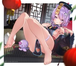 1girl animal_ears arm_strap bare_shoulders barefoot black_dress black_eyes black_nails breasts chinese_clothes clothing_cutout detached_sleeves double_bun dress hair_bun hair_ornament hat hat_ornament heart_cutout highres indoors jiangshi jiangshi_costume knees_up kuma_4go lantern medium_breasts no_bra octopus ofuda ofuda_on_head original panda_hair_ornament panties paper_lantern print_dress purple_hair qingdai_guanmao red_panties short_hair side_slit sideboob talisman thigh_strap thighs toes underwear wide_sleeves