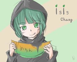 Rule 34 | 1girl, artist request, character name, copyright name, food, fruit, green eyes, green hair, isil, isis-chan, melon, original, personification, source request, tagme, tongue, tongue out