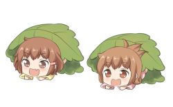 Rule 34 | 10s, 2girls, :d, alternate costume, brown eyes, brown hair, commentary request, fang, folded ponytail, gale kawaii, hair ornament, hairclip, ikazuchi (kancolle), inazuma (kancolle), kantai collection, kashiwa mochi (food), kodomo no hi, leaf, multiple girls, open mouth, short hair, skin fang, smile, aged down