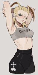 Rule 34 | 1girl, absurdres, antenna hair, armpit crease, arms up, black pants, blue eyes, camisole, cowboy shot, ear piercing, earrings, grey shirt, hair slicked back, high-waist pants, highres, holding own arm, jewelry, kingdom hearts, larxene, medium hair, midriff, navel, one eye closed, pants, parted lips, piercing, porqueloin, shirt, solo, stretching, stud earrings, sweat, sweatdrop