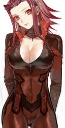 Rule 34 | 1girl, arms behind back, bad id, bad pixiv id, biker clothes, bikesuit, blue eyes, bodysuit, breasts, choker, cleavage, forehead, head tilt, huge breasts, izayoi aki, large breasts, latex, looking at viewer, navel, popompon, red eyes, red hair, skin tight, solo, yu-gi-oh!, yu-gi-oh! 5d&#039;s, zipper