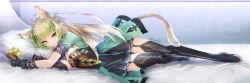 Rule 34 | 1girl, ahoge, animal ear fluff, animal ears, atalanta (fate), blonde hair, braid, breasts, buckle, cat ears, cleavage, fate/apocrypha, fate/grand order, fate (series), french braid, gloves, green eyes, green hair, highres, long hair, looking at viewer, lying, miyuki ruria, multicolored hair, on side, pillow, small breasts, solo, tail, thighhighs