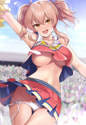 Rule 34 | 1girl, :d, areola slip, arm up, armpits, blush, breasts, cheering, cheerleader, collarbone, convenient censoring, crop top, gluteal fold, hair between eyes, hair ribbon, highres, holding, holding pom poms, idolmaster, idolmaster cinderella girls, jougasaki mika, large breasts, lips, long hair, looking at viewer, midriff, mk (mod0), navel, no bra, open mouth, panties, pink hair, pleated skirt, pom pom (cheerleading), pom poms, ribbon, side-tie panties, skirt, sleeveless, smile, teeth, twintails, underwear, upper teeth only, white panties, yellow eyes