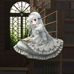Rule 34 | 1girl, blue eyes, blush, book, bow, coluel, dress, frilled dress, frills, full body, goth fashion, gothic lolita, hair ornament, hairband, headband, highres, hime lolita, holding, holding book, lolita fashion, lolita hairband, long hair, looking at viewer, open book, open mouth, original, purple eyes, ribbon, shoes, silver hair, sitting, skirt, solo, too many, too many books, white dress
