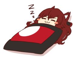 Rule 34 | 1girl, :3, animal ear fluff, animal ears, blanket, blush stickers, brown hair, chibi, closed eyes, hair between eyes, imaizumi kagerou, long hair, lying, on back, simple background, sleeping, solo, touhou, under covers, white background, wolf ears, wool (miwol), zzz