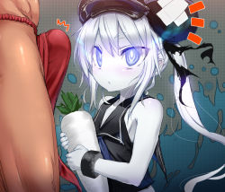 Rule 34 | 10s, 1boy, 1girl, abyssal ship, black dress, bracelet, bulge, commentary request, daikon, destroyer princess, dress, erection, erection under clothes, fundoshi, grey eyes, hat, japanese clothes, jewelry, kantai collection, long hair, ponytail, radish, shigeryun, side ponytail, silver hair, sleeveless, sleeveless dress, very long hair