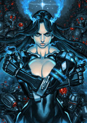 Rule 34 | 1girl, black bodysuit, black hair, blue eyes, bodysuit, breasts, cleavage, closed mouth, collarbone, covered navel, cowboy shot, cyborg, eyelashes, eyeliner, hands up, highres, jun sung kwak, large breasts, long hair, looking at viewer, makeup, mechanical arms, nose, original, pink lips, robot, serious, shoulder pads, single mechanical arm, solo