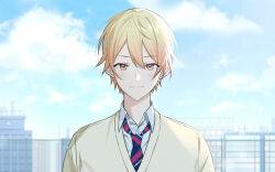 Rule 34 | 1boy, blonde hair, blue necktie, blue sky, blush, building, cardigan, closed mouth, cloud, collared shirt, commentary, day, diagonal-striped clothes, diagonal-striped necktie, double-parted bangs, fence, gradient hair, gradient sky, hair between eyes, hk (wgyz7222), kamiyama high school uniform (project sekai), looking at viewer, male focus, multicolored hair, multicolored necktie, necktie, open collar, orange eyes, orange hair, outdoors, project sekai, red necktie, school uniform, shirt, short hair, sky, solo, striped clothes, tenma tsukasa, tsurime, upper body, white necktie, white shirt, wire fence, yellow cardigan