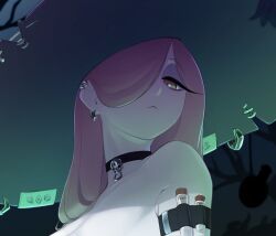 Rule 34 | 1girl, :&lt;, bare shoulders, black choker, breasts, character request, check character, choker, closed mouth, earrings, green eyes, green hat, hair over one eye, hat, highres, jewelry, large breasts, little witch academia, long hair, portrait, pudgeruffian, skull ornament, sucy manbavaran, two-sided fabric, two-sided headwear, witch hat