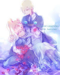 Rule 34 | 1boy, 1girl, anniversary, blonde hair, cape, copyright name, dress, closed eyes, fenimore, fenimore xelhes, flower, kou (01310808), long hair, petals, tales of (series), tales of legendia, twintails, walter (tales), walter delques