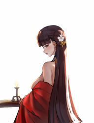 Rule 34 | 1girl, azur lane, bare shoulders, black hair, breasts, candle, ear piercing, flower, hair flower, hair ornament, highres, hime cut, japanese clothes, kimono, large breasts, long hair, nianyuguai, official alternate costume, partially undressed, piercing, red eyes, red kimono, seductive smile, sideboob, simple background, smile, solo, table, upper body, very long hair, white background, white flower, yat sen (azur lane), yat sen (coronal afterglow) (azur lane)