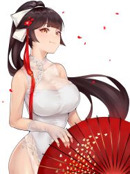 Rule 34 | 1girl, absurdres, azur lane, bare shoulders, bow, breasts, brown hair, china dress, chinese clothes, cleavage, dress, fingerless gloves, flower, gloves, hair bow, hair flower, hair ornament, hand fan, highres, large breasts, long hair, looking at viewer, nianlin, pelvic curtain, see-through, skin tight, sleeveless, sleeveless dress, solo, takao (azur lane), takao (the lessons of spring) (azur lane), very long hair, white bow, white dress, yellow eyes