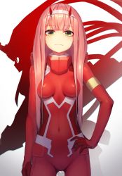 Rule 34 | 10s, 1girl, arm at side, arm strap, blunt bangs, bodysuit, breasts, breasts apart, covered navel, cowboy shot, darling in the franxx, eyeshadow, green eyes, hand on own hip, horns, long hair, looking at viewer, makeup, medium breasts, munuu, pilot suit, pink hair, red bodysuit, simple background, skinny, solo, standing, straight hair, strelizia, very long hair, white background, zero two (darling in the franxx)