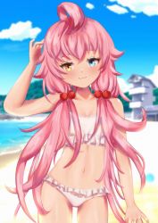 Rule 34 | 1girl, :3, beach, bikini, blue archive, blue eyes, blush, breasts, cleavage, cloud, collarbone, hair bobbles, hair ornament, heterochromia, hoshino (blue archive), long hair, looking at viewer, low twintails, navel, ocean, pink hair, sand, sky, small breasts, smile, solo, standing, swimsuit, tsukikodraw, twintails, twitter, water, white bikini, yellow eyes