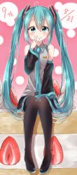 Rule 34 | 1girl, absurdres, aqua eyes, aqua hair, birthday, black thighhighs, cake, commentary request, dated, detached sleeves, eyebrows, food, fruit, full body, hair between eyes, hatsune miku, highres, long hair, looking at viewer, nail polish, pentagon (railgun ky1206), sitting, solo, strawberry, thighhighs, twintails, vocaloid