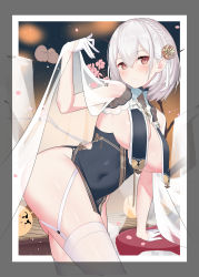 Rule 34 | 1girl, absurdres, areola slip, azur lane, blush, braid, branch, breast curtains, breasts, china dress, chinese clothes, cleavage, closed mouth, covered navel, dress, garter straps, gloves, hair between eyes, highres, large breasts, looking at viewer, manjuu (azur lane), oz ma33, red eyes, revealing clothes, short hair, side slit, sirius (azur lane), sirius (azure horizons) (azur lane), solo, thighhighs, thighs, white gloves, white hair, white thighhighs