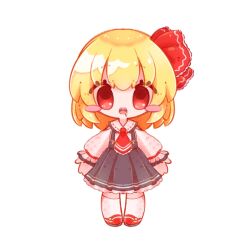 Rule 34 | 1girl, ascot, blonde hair, blush stickers, chibi, drooling, frilled sleeves, frills, hair between eyes, hair ribbon, highres, inukkomaru, long sleeves, looking at viewer, open mouth, outstretched arms, red ascot, red eyes, red footwear, ribbon, rumia, sharp teeth, shirt, short hair, sidelocks, simple background, skirt, socks, solo, spread arms, standing, suspender skirt, suspenders, teeth, touhou, upper teeth only, white background, white shirt, white socks